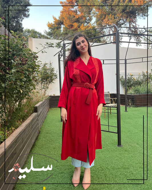 Ruby Elegance Jacket with unique plaid lining - جاكيت طويل مبطن بنمط مميز أحمر وقرمزي