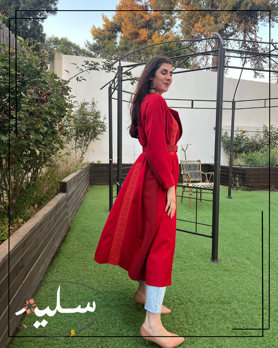Ruby Elegance Jacket with unique plaid lining - جاكيت طويل مبطن بنمط مميز أحمر وقرمزي