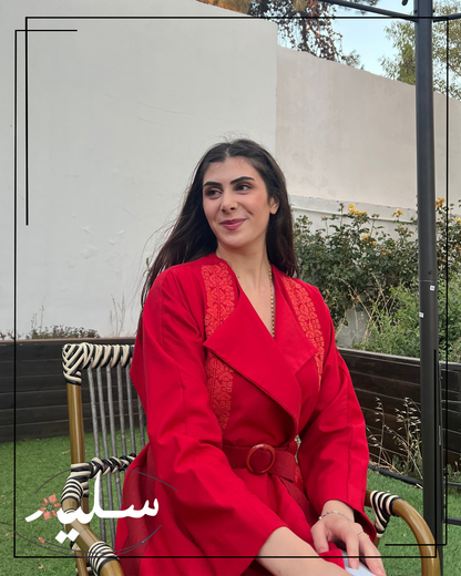 Ruby Elegance Jacket with unique plaid lining - جاكيت طويل مبطن بنمط مميز أحمر وقرمزي